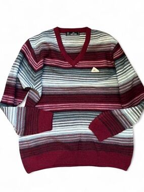 Men's V-Neck Striped Sweater in Burgundy and Gray by Monte Carlo merino blend